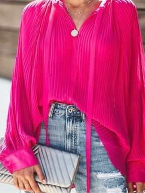 VICI Endless Rose Pleated V-Neck Tie-Front Women's Blouse - Hot Pink